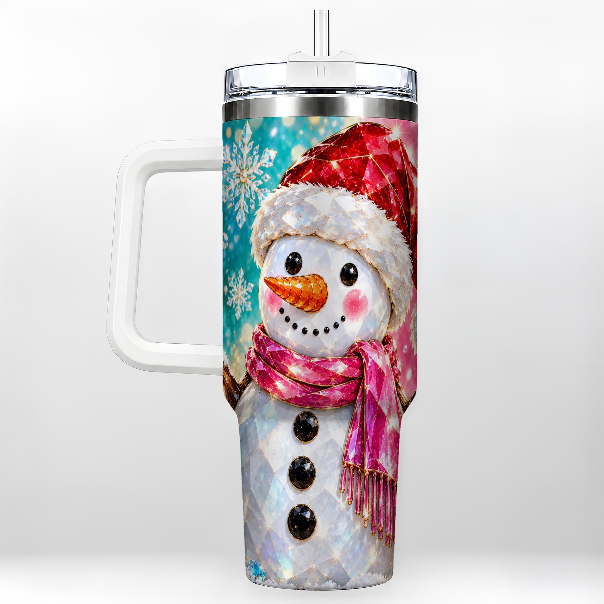 Gemstone Style Snowman 40oz Tumbler with Handle, Stainless Steel Travel Cup