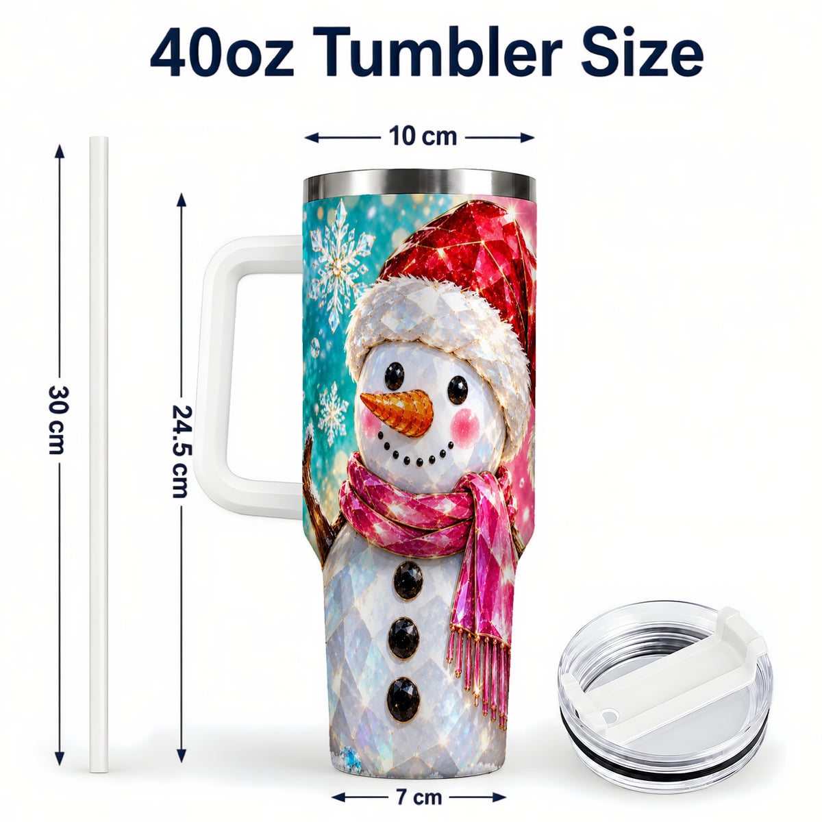 #pl[40oz|White] Gemstone Style Snowman 40oz Tumbler with Handle, Stainless Steel Travel Cup