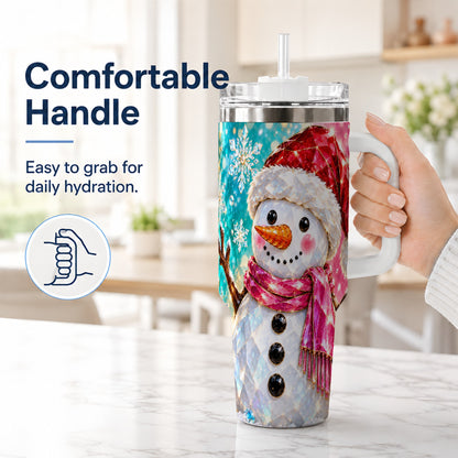 #pl[40oz|White] Gemstone Style Snowman 40oz Tumbler with Handle, Stainless Steel Travel Cup