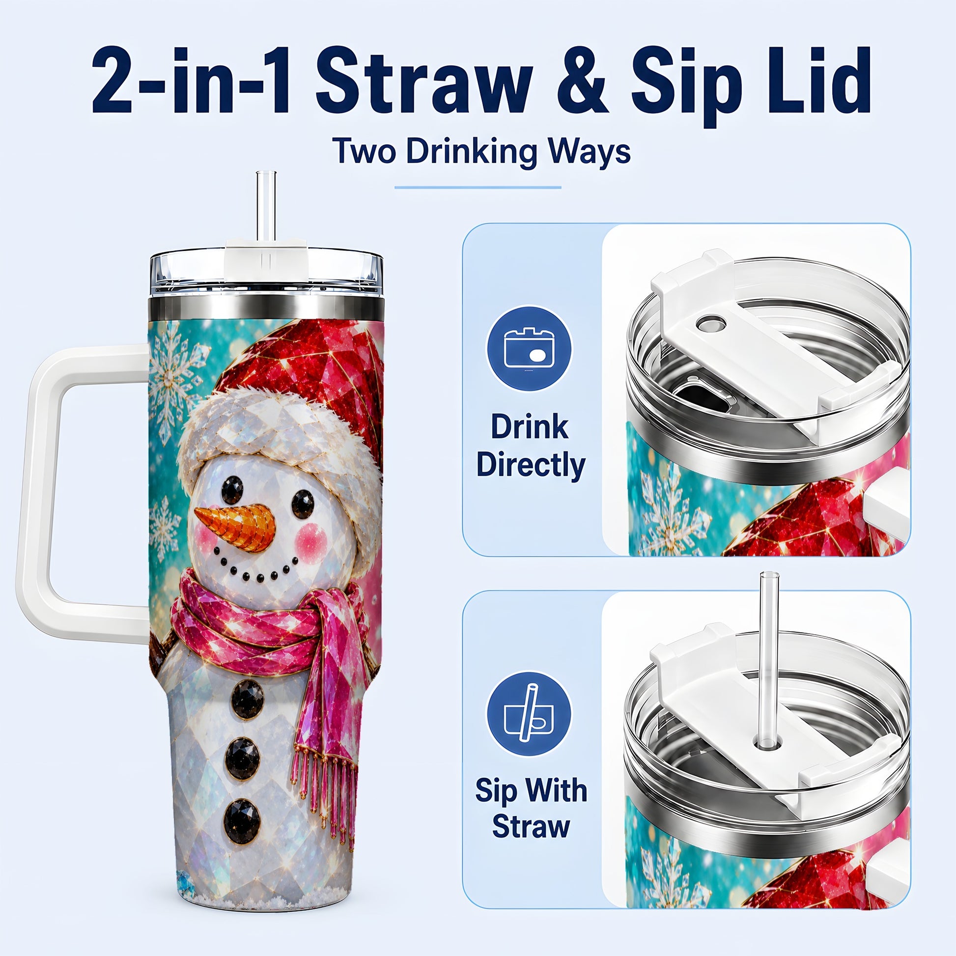 #pl[40oz|White] Gemstone Style Snowman 40oz Tumbler with Handle, Stainless Steel Travel Cup