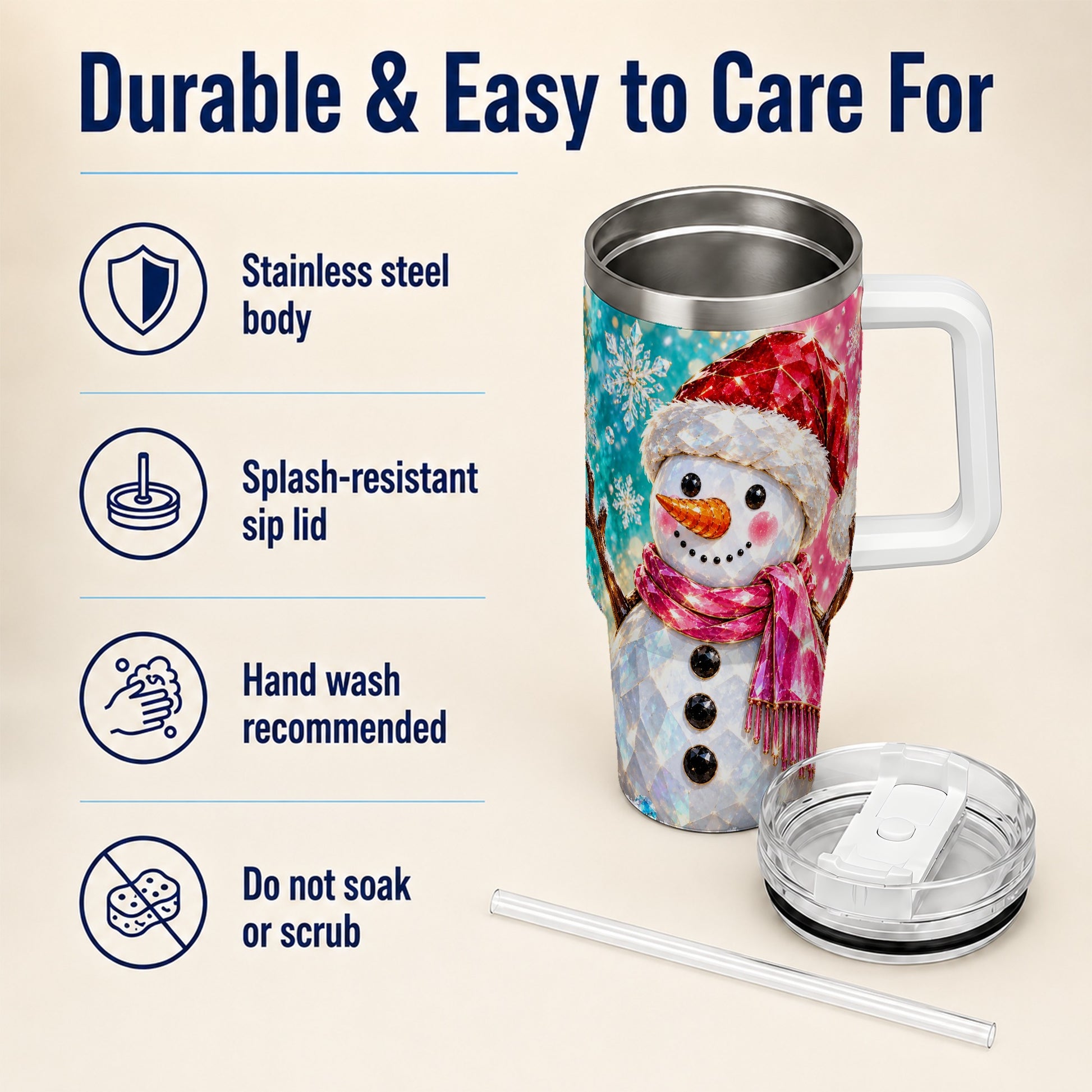 #pl[40oz|White] Gemstone Style Snowman 40oz Tumbler with Handle, Stainless Steel Travel Cup