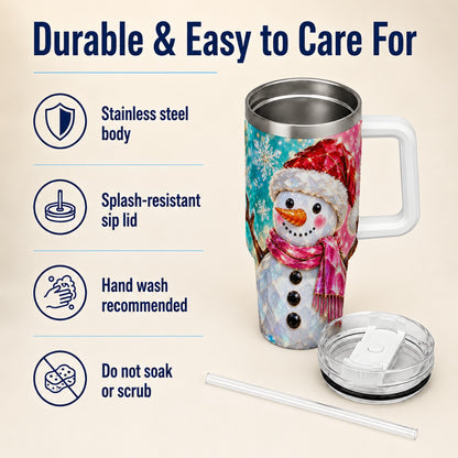 #pl[40oz|White] Gemstone Style Snowman 40oz Tumbler with Handle, Stainless Steel Travel Cup