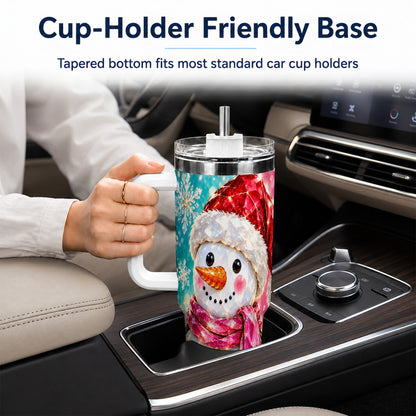 #pl[40oz|White] Gemstone Style Snowman 40oz Tumbler with Handle, Stainless Steel Travel Cup