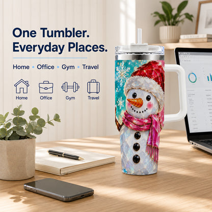 #pl[40oz|White] Gemstone Style Snowman 40oz Tumbler with Handle, Stainless Steel Travel Cup