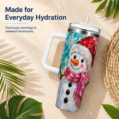 #pl[40oz|White] Gemstone Style Snowman 40oz Tumbler with Handle, Stainless Steel Travel Cup