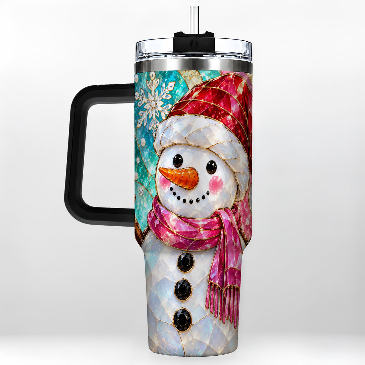 #pl[40oz|Black] Snowman 40oz Tumbler with Handle, Winter Stained Glass Style Travel Cup