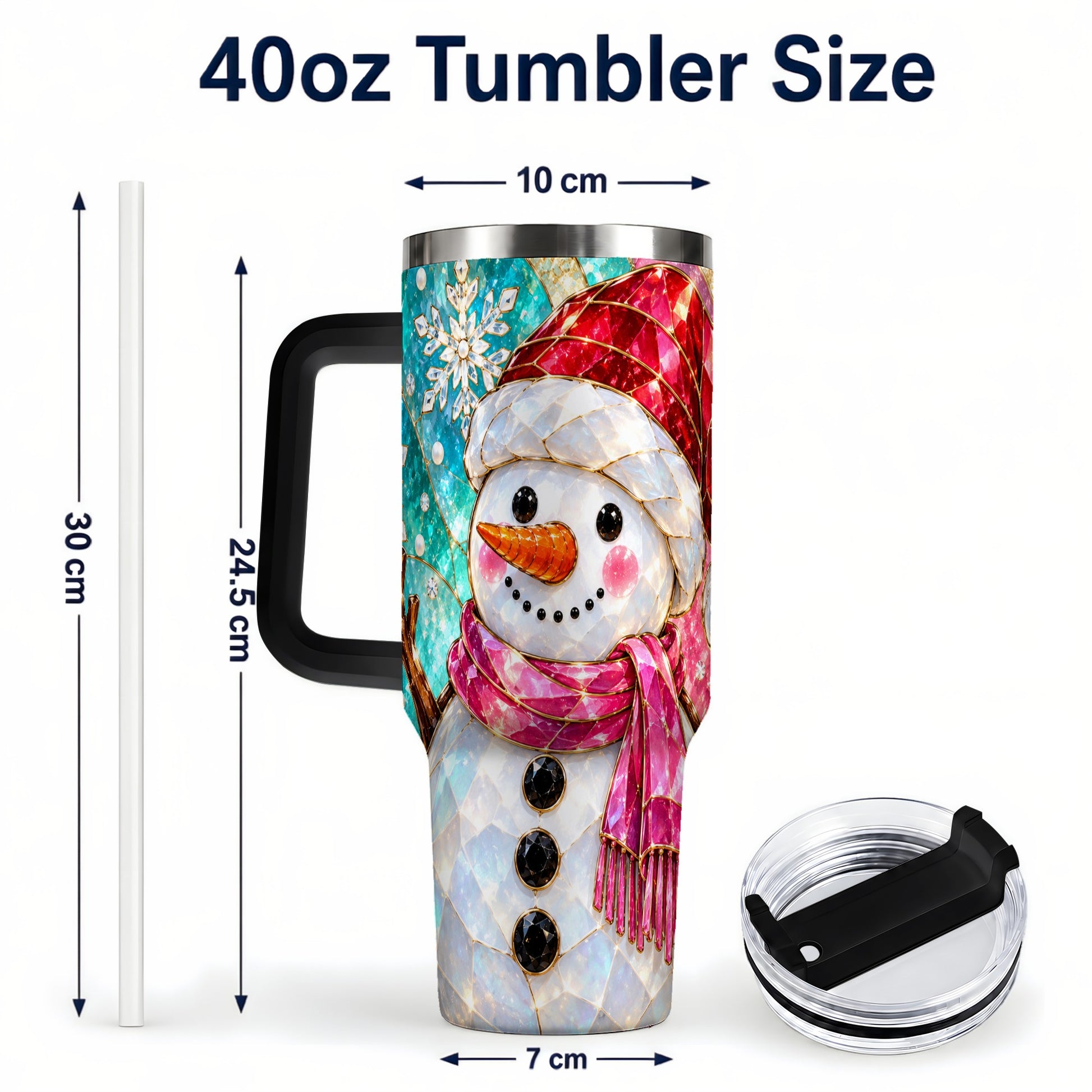 #pl[40oz|Black] Snowman 40oz Tumbler with Handle, Winter Stained Glass Style Travel Cup