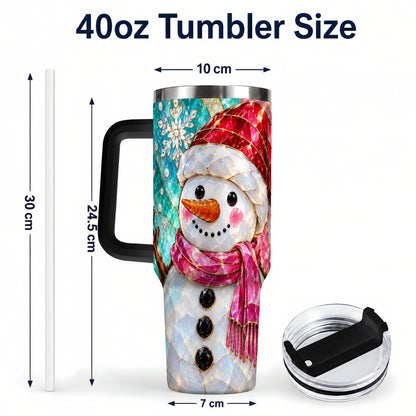 #pl[40oz|Black] Snowman 40oz Tumbler with Handle, Winter Stained Glass Style Travel Cup