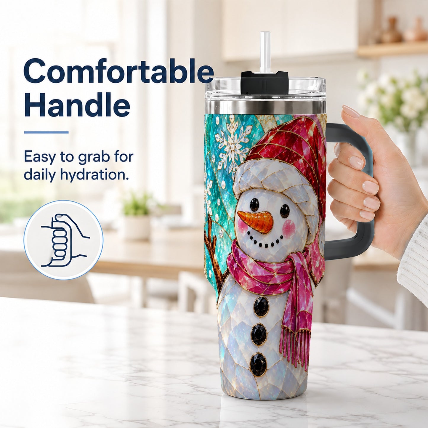 #pl[40oz|Black] Snowman 40oz Tumbler with Handle, Winter Stained Glass Style Travel Cup