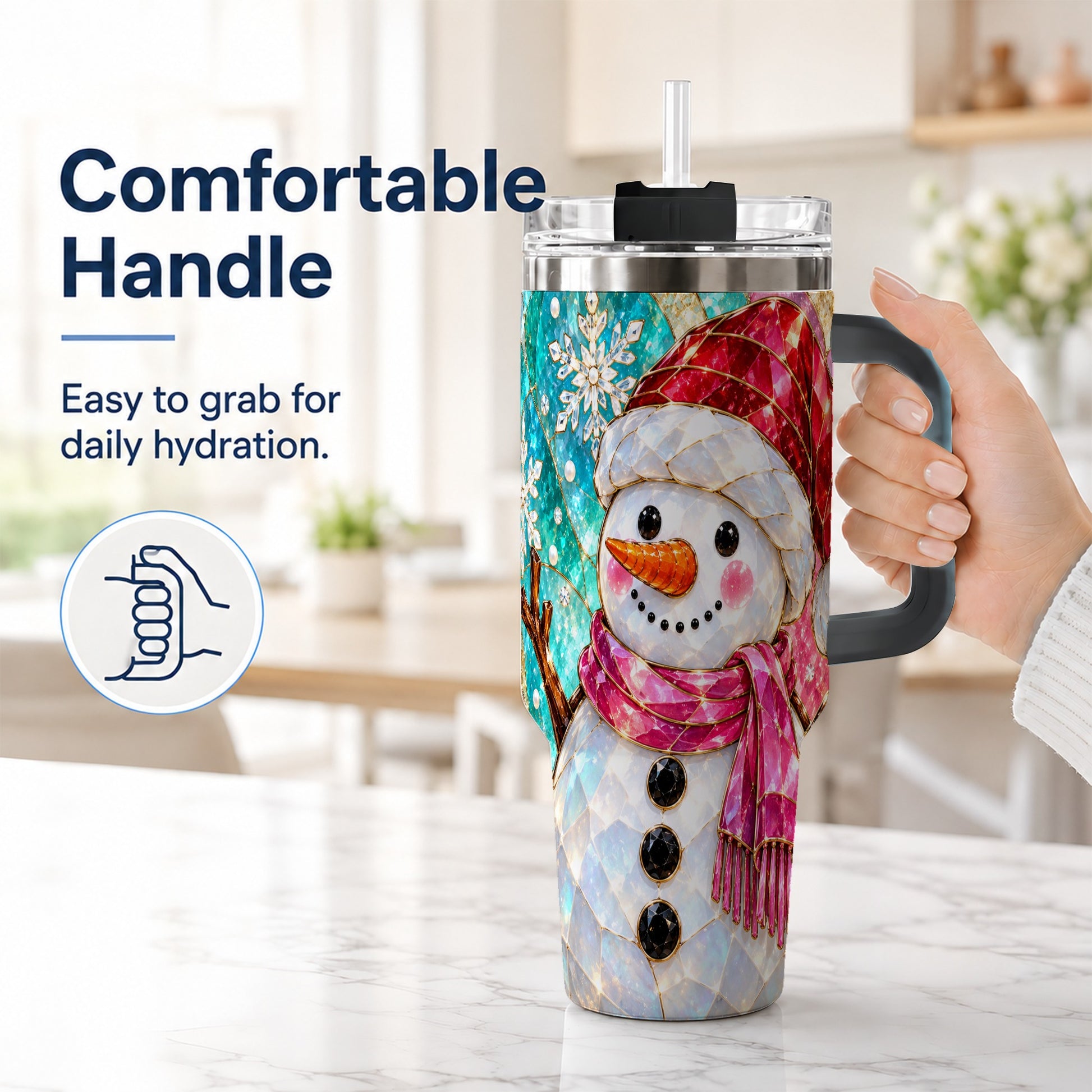 #pl[40oz|Black] Snowman 40oz Tumbler with Handle, Winter Stained Glass Style Travel Cup