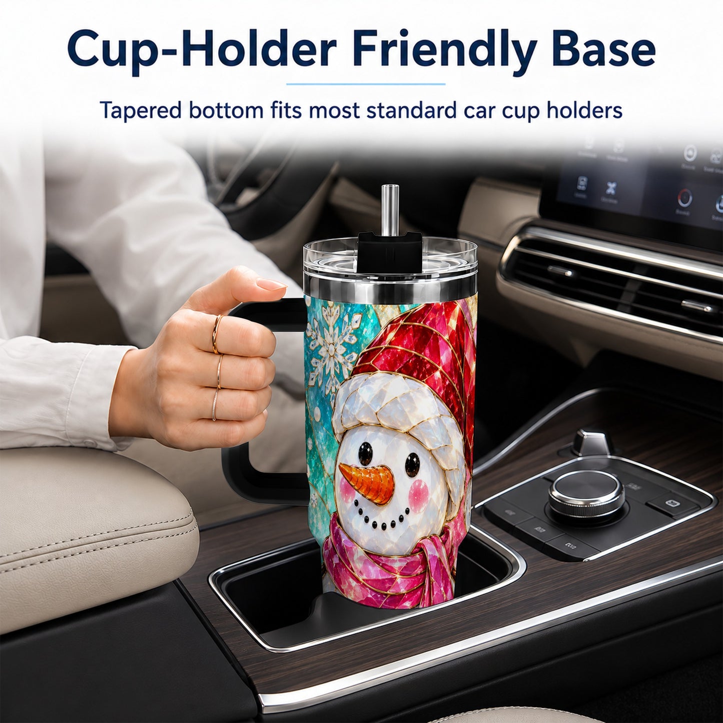 #pl[40oz|Black] Snowman 40oz Tumbler with Handle, Winter Stained Glass Style Travel Cup