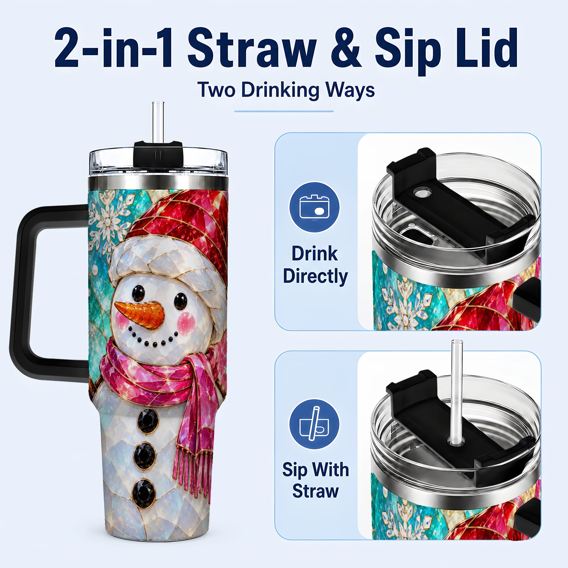 #pl[40oz|Black] Snowman 40oz Tumbler with Handle, Winter Stained Glass Style Travel Cup