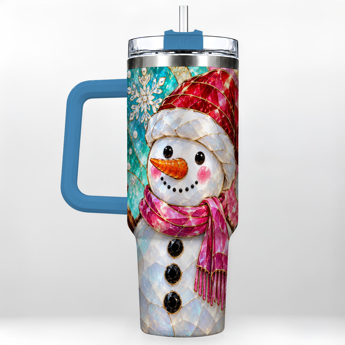 #pl[40oz|Blue] Snowman 40oz Tumbler with Handle, Winter Stained Glass Style Travel Cup
