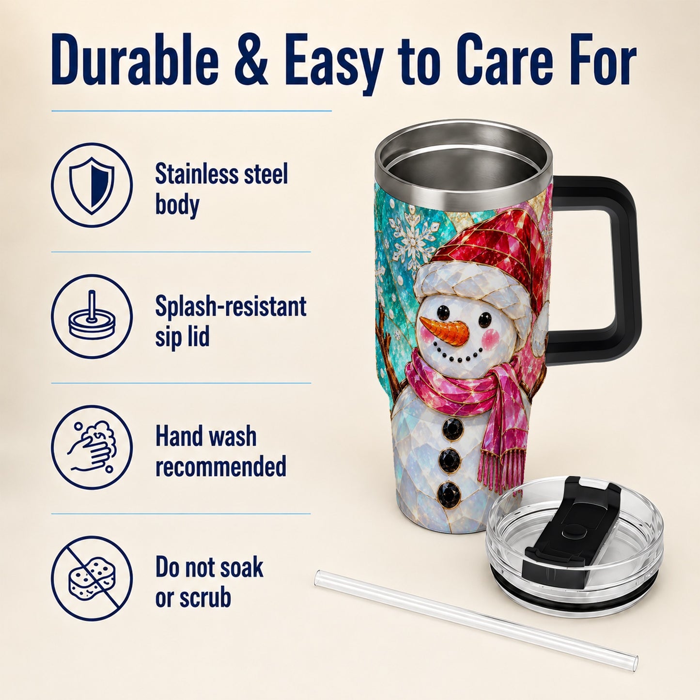 #pl[40oz|Black] Snowman 40oz Tumbler with Handle, Winter Stained Glass Style Travel Cup