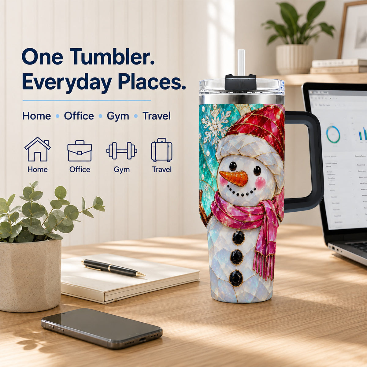#pl[40oz|Black] Snowman 40oz Tumbler with Handle, Winter Stained Glass Style Travel Cup