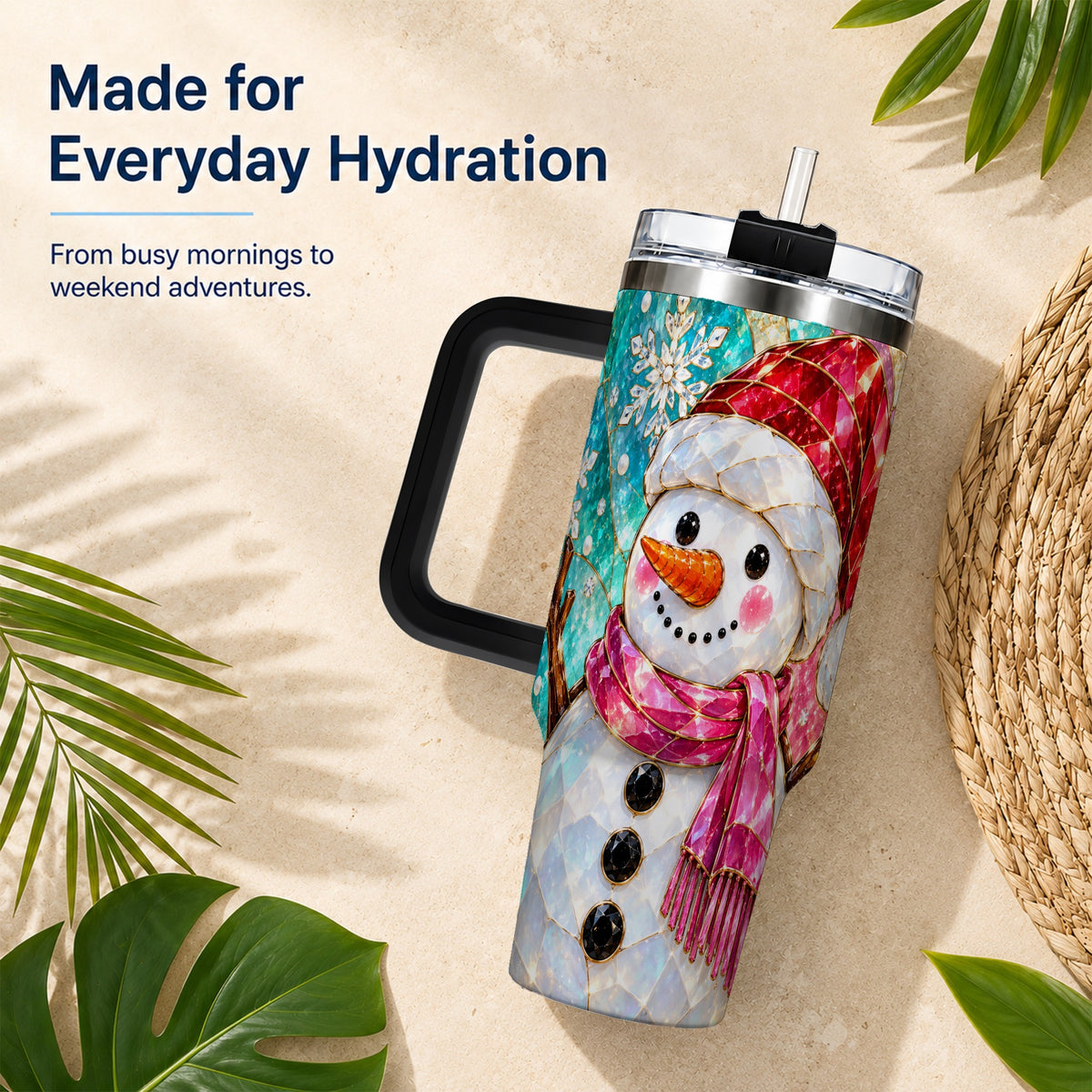#pl[40oz|Black] Snowman 40oz Tumbler with Handle, Winter Stained Glass Style Travel Cup
