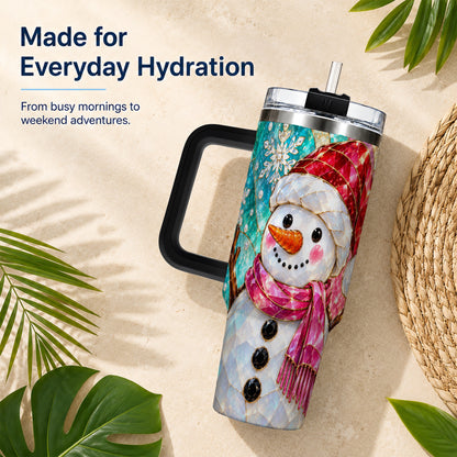 #pl[40oz|Black] Snowman 40oz Tumbler with Handle, Winter Stained Glass Style Travel Cup
