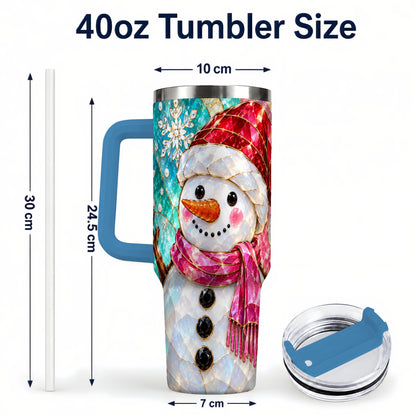 #pl[40oz|Blue] Snowman 40oz Tumbler with Handle, Winter Stained Glass Style Travel Cup