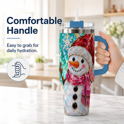 #pl[40oz|Blue] Snowman 40oz Tumbler with Handle, Winter Stained Glass Style Travel Cup