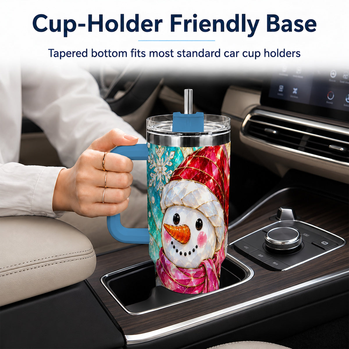 #pl[40oz|Blue] Snowman 40oz Tumbler with Handle, Winter Stained Glass Style Travel Cup