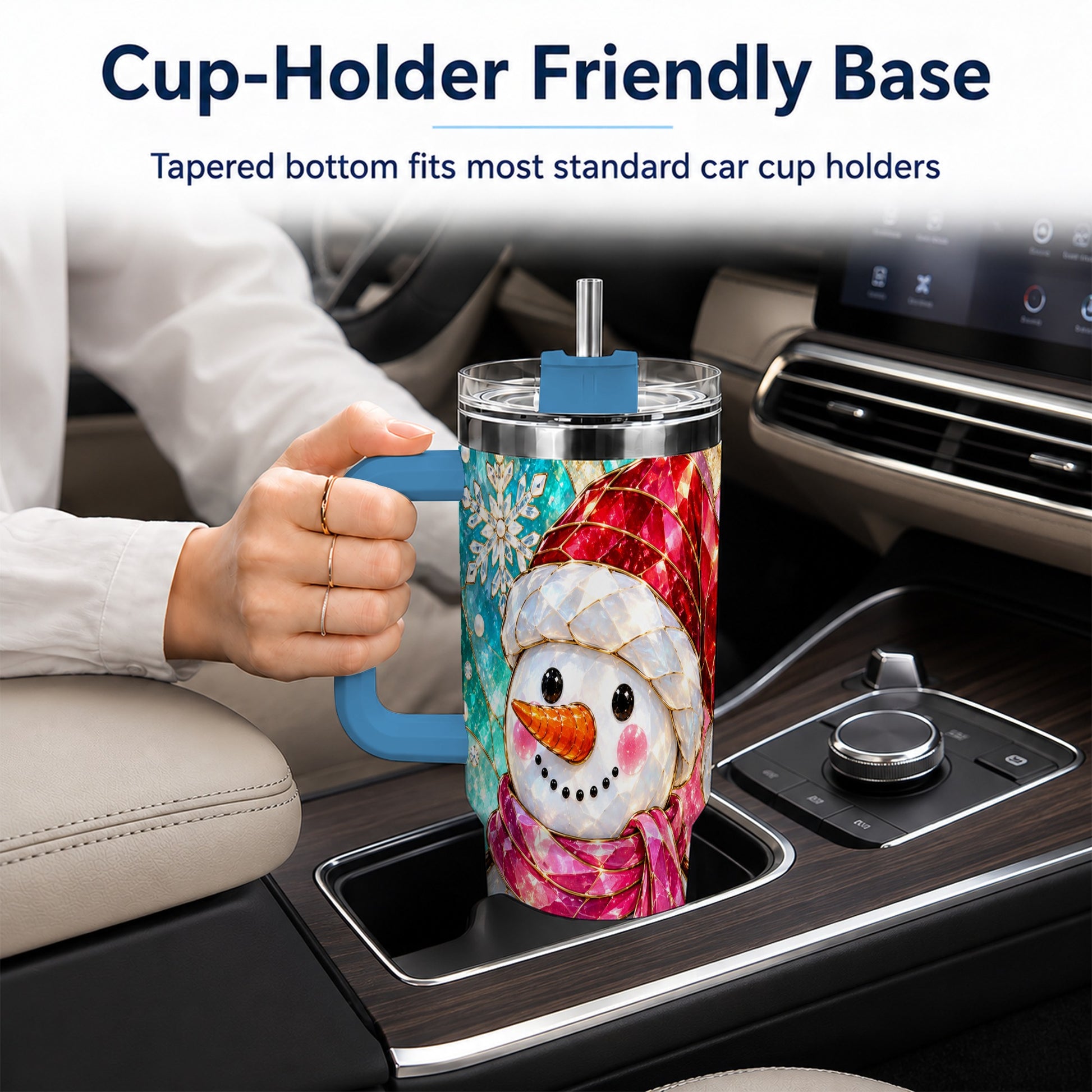 #pl[40oz|Blue] Snowman 40oz Tumbler with Handle, Winter Stained Glass Style Travel Cup
