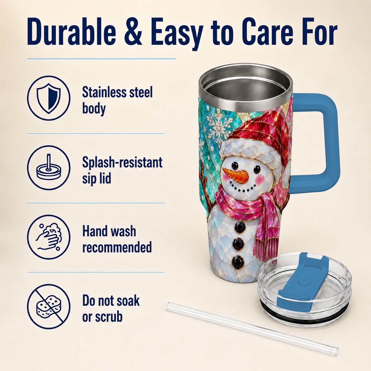 #pl[40oz|Blue] Snowman 40oz Tumbler with Handle, Winter Stained Glass Style Travel Cup