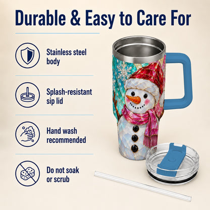 #pl[40oz|Blue] Snowman 40oz Tumbler with Handle, Winter Stained Glass Style Travel Cup