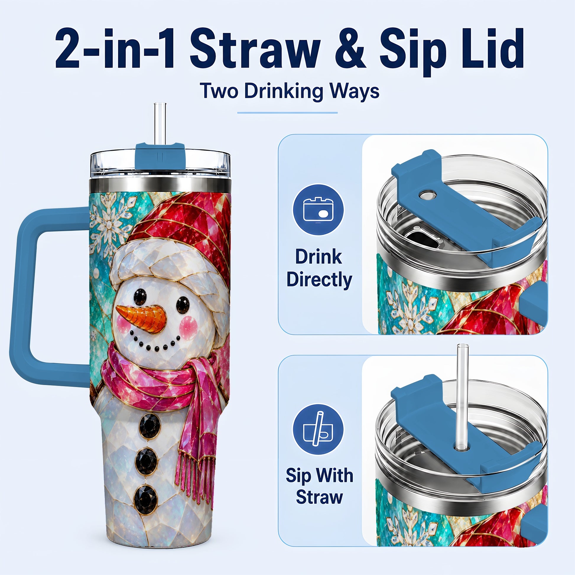 #pl[40oz|Blue] Snowman 40oz Tumbler with Handle, Winter Stained Glass Style Travel Cup