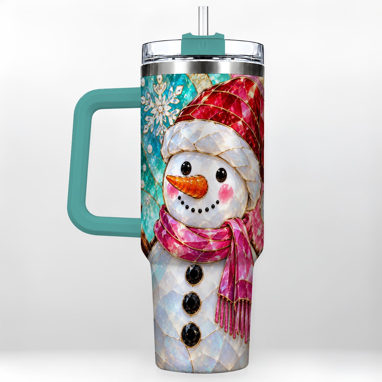 #pl[40oz|Green] Snowman 40oz Tumbler with Handle, Winter Stained Glass Style Travel Cup