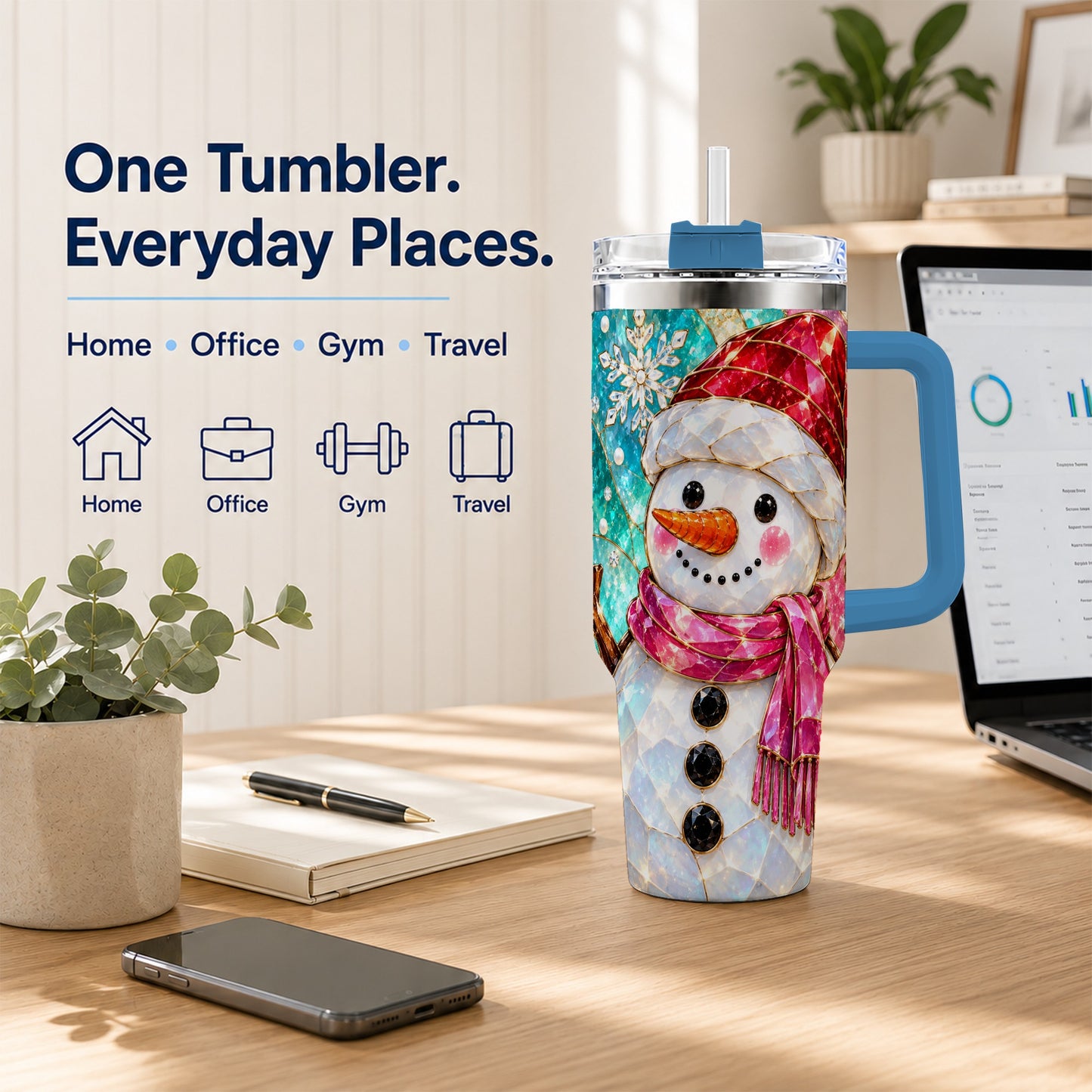 #pl[40oz|Blue] Snowman 40oz Tumbler with Handle, Winter Stained Glass Style Travel Cup