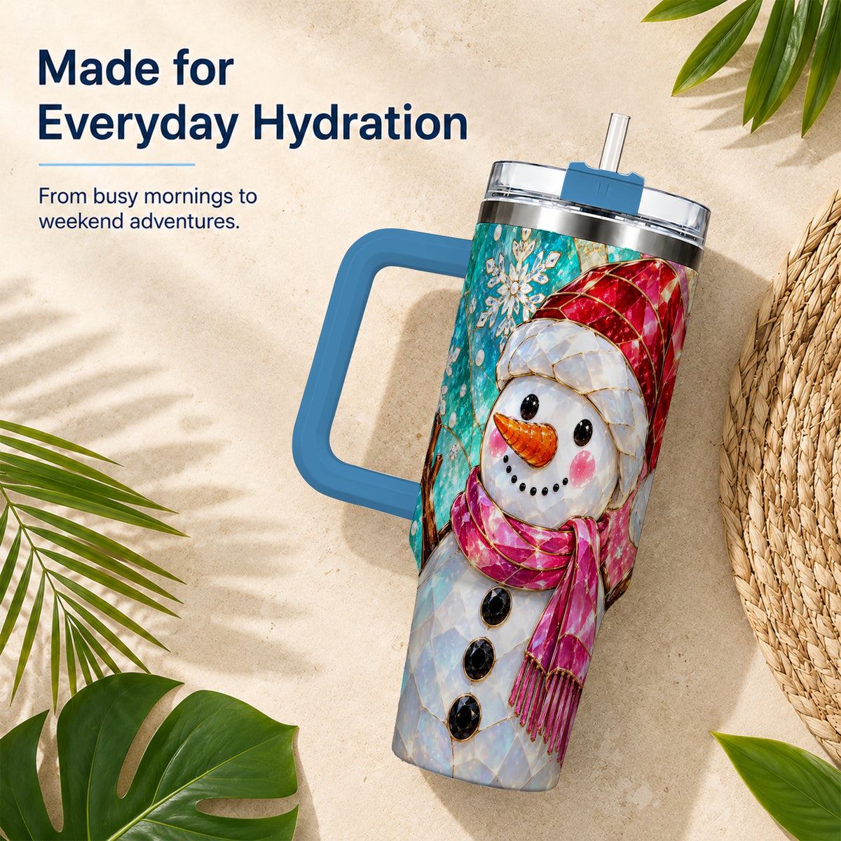 #pl[40oz|Blue] Snowman 40oz Tumbler with Handle, Winter Stained Glass Style Travel Cup