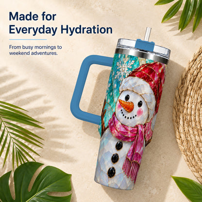 #pl[40oz|Blue] Snowman 40oz Tumbler with Handle, Winter Stained Glass Style Travel Cup