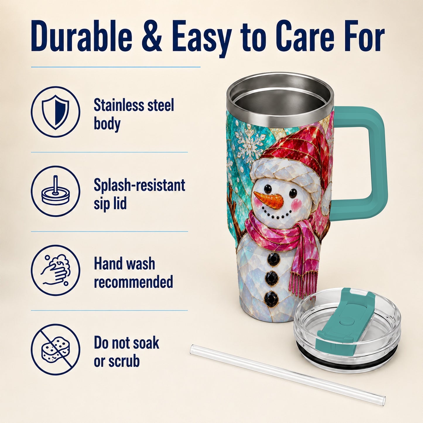 #pl[40oz|Green] Snowman 40oz Tumbler with Handle, Winter Stained Glass Style Travel Cup