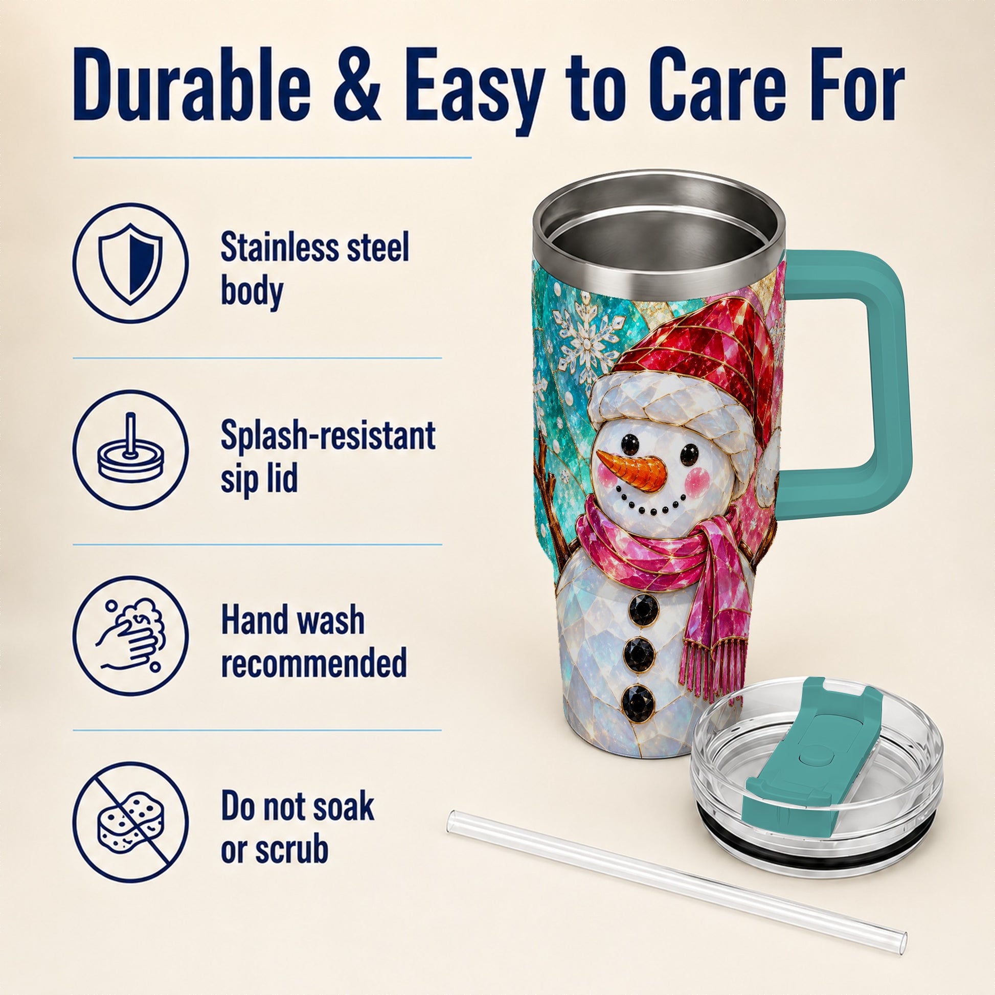 #pl[40oz|Green] Snowman 40oz Tumbler with Handle, Winter Stained Glass Style Travel Cup