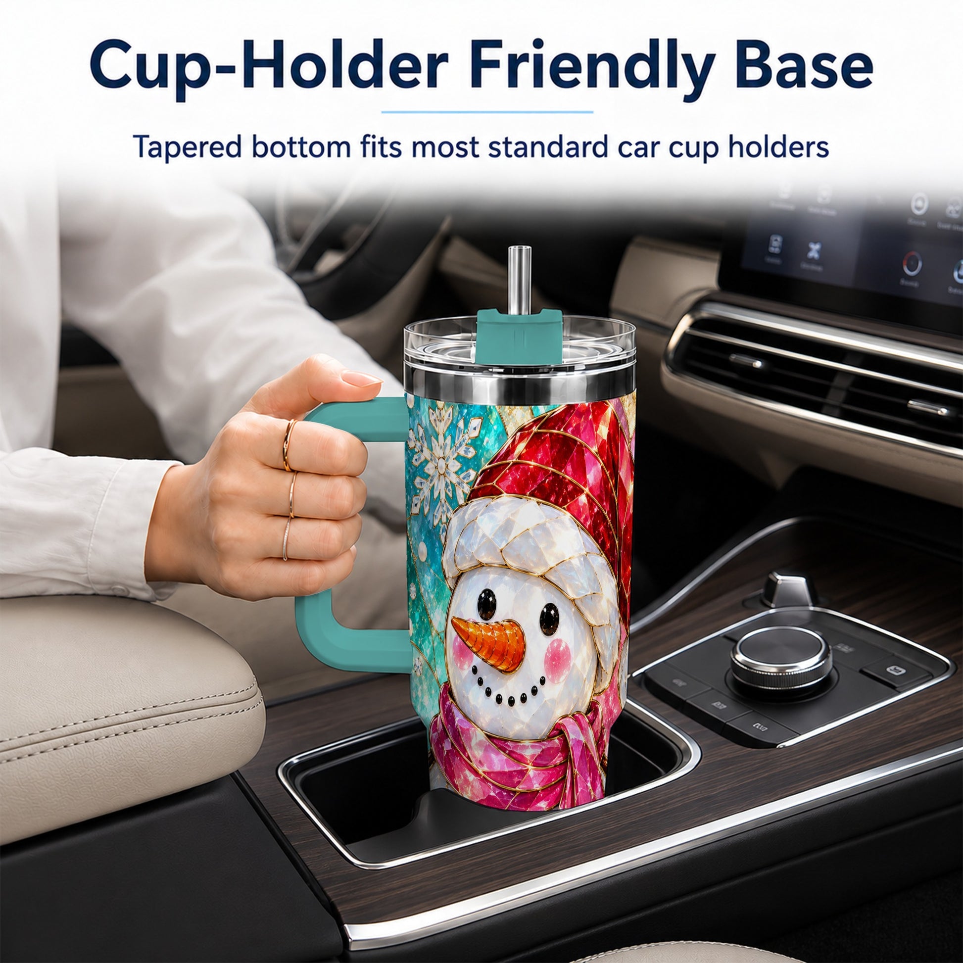 #pl[40oz|Green] Snowman 40oz Tumbler with Handle, Winter Stained Glass Style Travel Cup