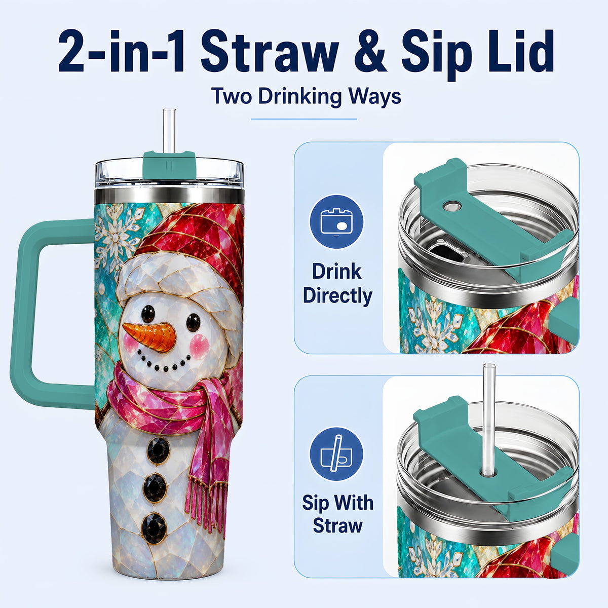 #pl[40oz|Green] Snowman 40oz Tumbler with Handle, Winter Stained Glass Style Travel Cup