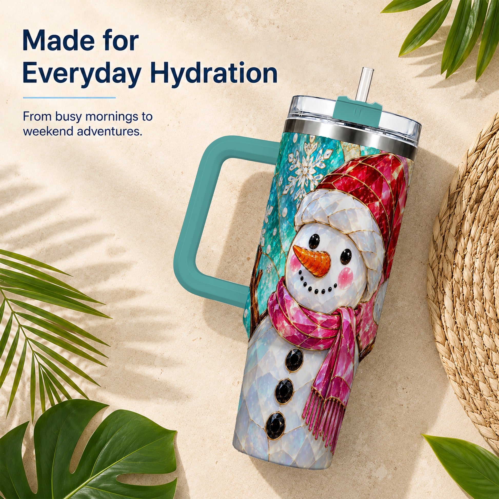 #pl[40oz|Green] Snowman 40oz Tumbler with Handle, Winter Stained Glass Style Travel Cup