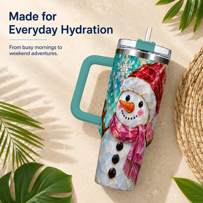 #pl[40oz|Green] Snowman 40oz Tumbler with Handle, Winter Stained Glass Style Travel Cup