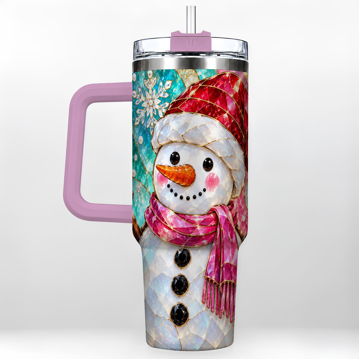 #pl[40oz|Pink] Snowman 40oz Tumbler with Handle, Winter Stained Glass Style Travel Cup