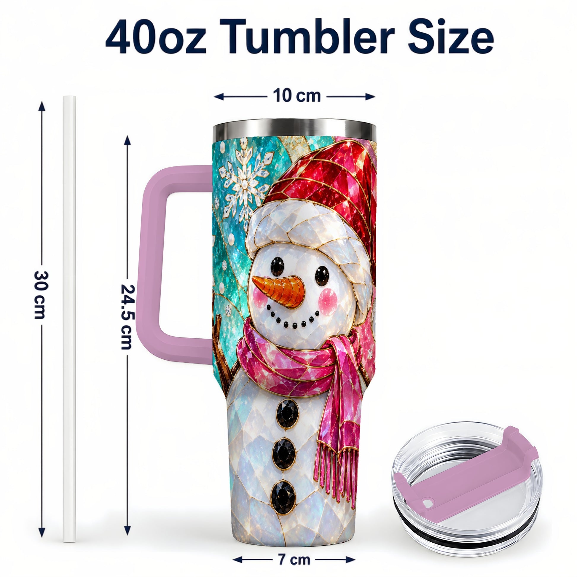 #pl[40oz|Pink] Snowman 40oz Tumbler with Handle, Winter Stained Glass Style Travel Cup