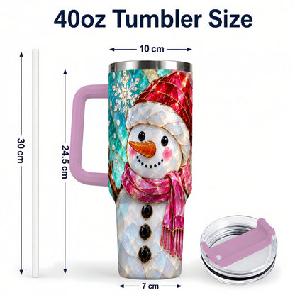 #pl[40oz|Pink] Snowman 40oz Tumbler with Handle, Winter Stained Glass Style Travel Cup