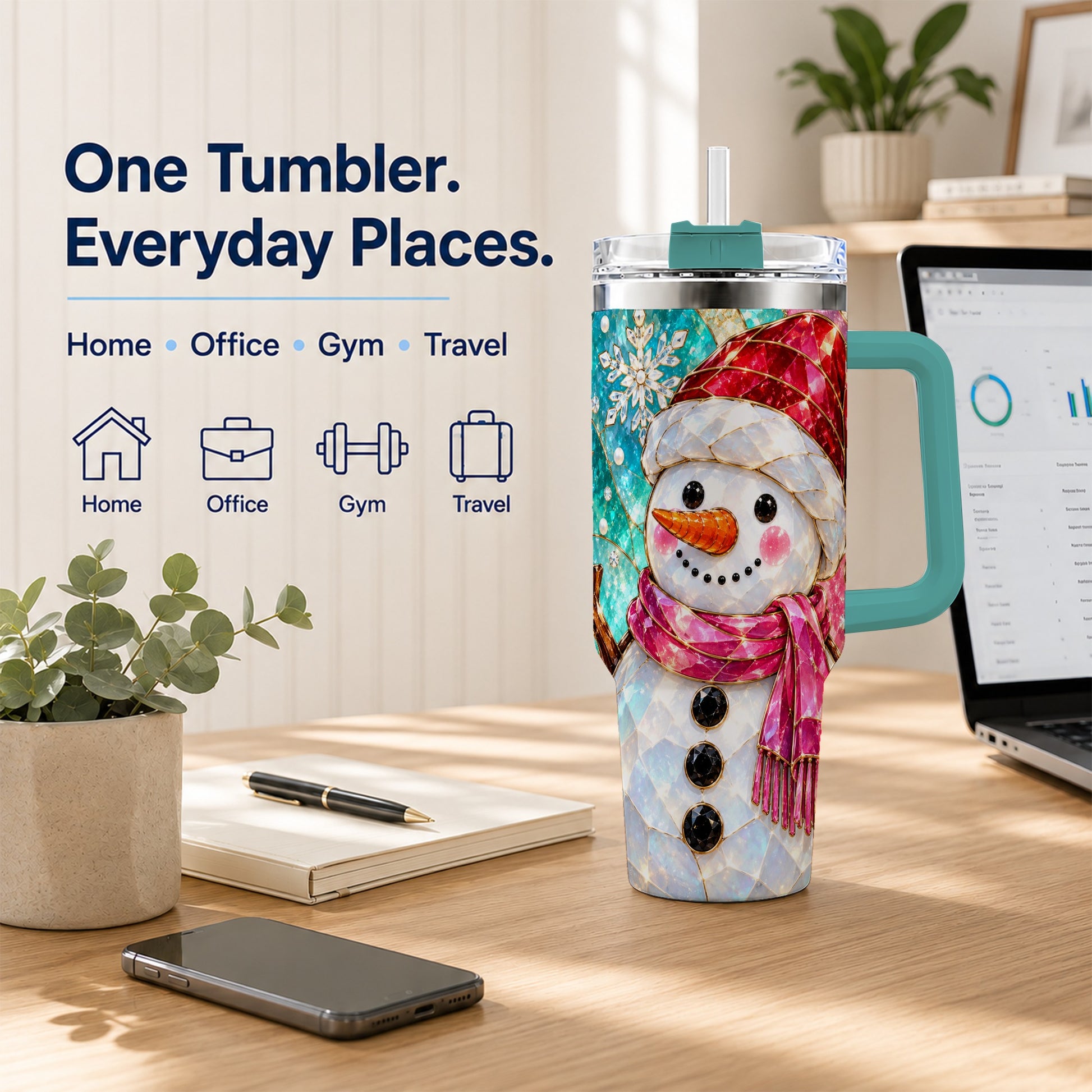 #pl[40oz|Green] Snowman 40oz Tumbler with Handle, Winter Stained Glass Style Travel Cup