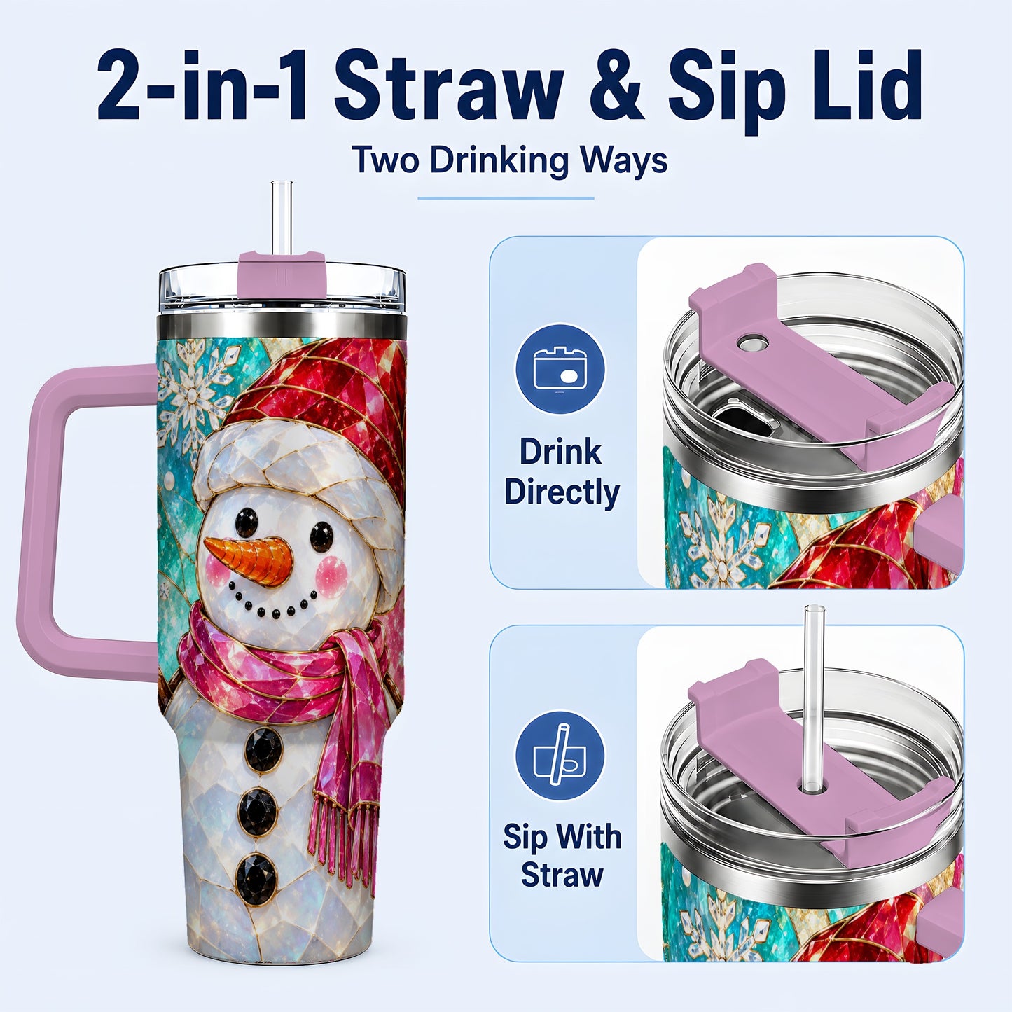 #pl[40oz|Pink] Snowman 40oz Tumbler with Handle, Winter Stained Glass Style Travel Cup