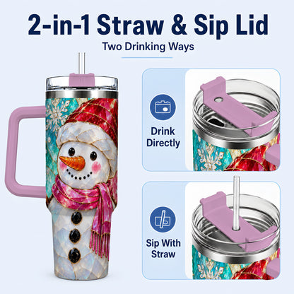 #pl[40oz|Pink] Snowman 40oz Tumbler with Handle, Winter Stained Glass Style Travel Cup