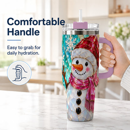 #pl[40oz|Pink] Snowman 40oz Tumbler with Handle, Winter Stained Glass Style Travel Cup