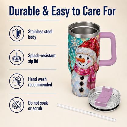 #pl[40oz|Pink] Snowman 40oz Tumbler with Handle, Winter Stained Glass Style Travel Cup
