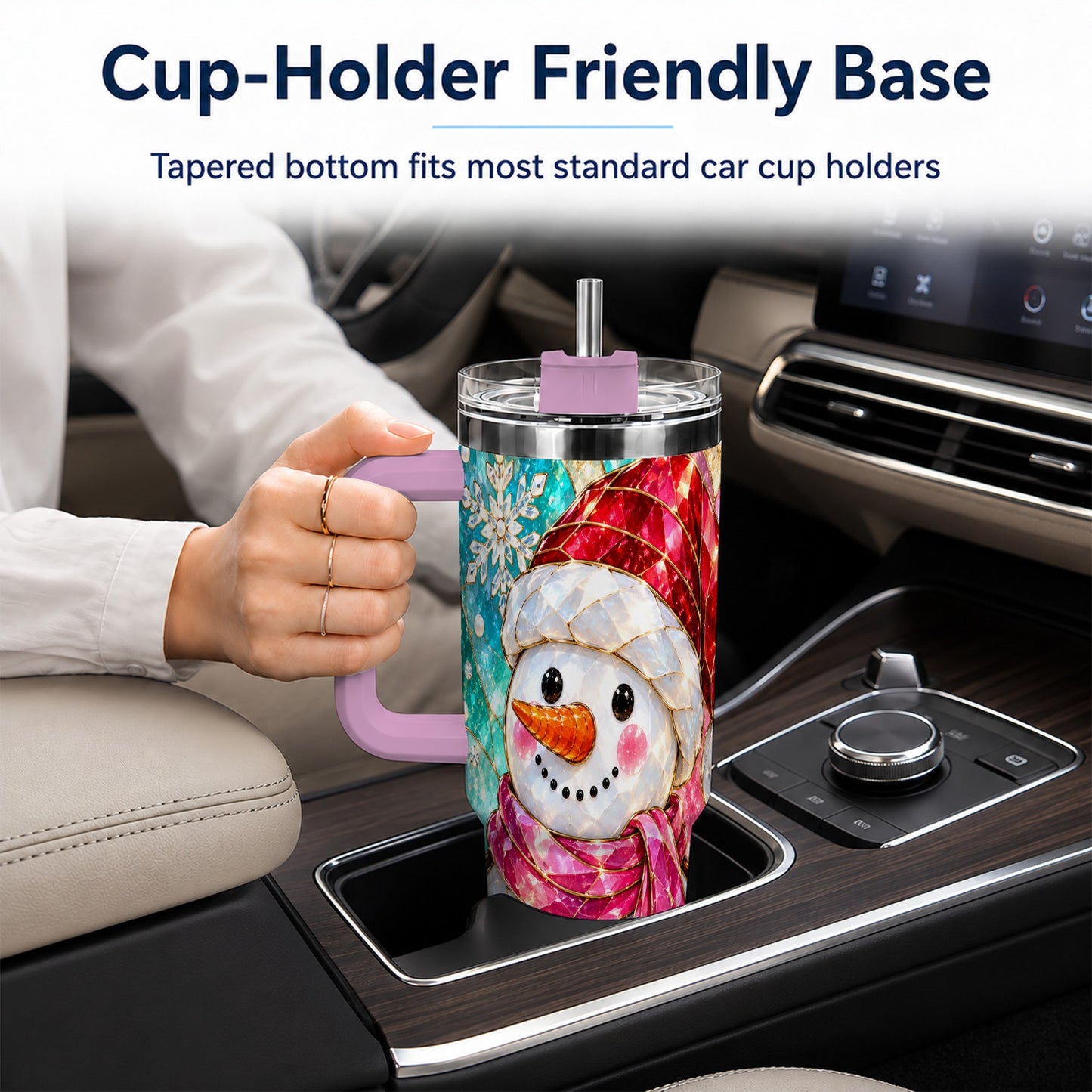 #pl[40oz|Pink] Snowman 40oz Tumbler with Handle, Winter Stained Glass Style Travel Cup