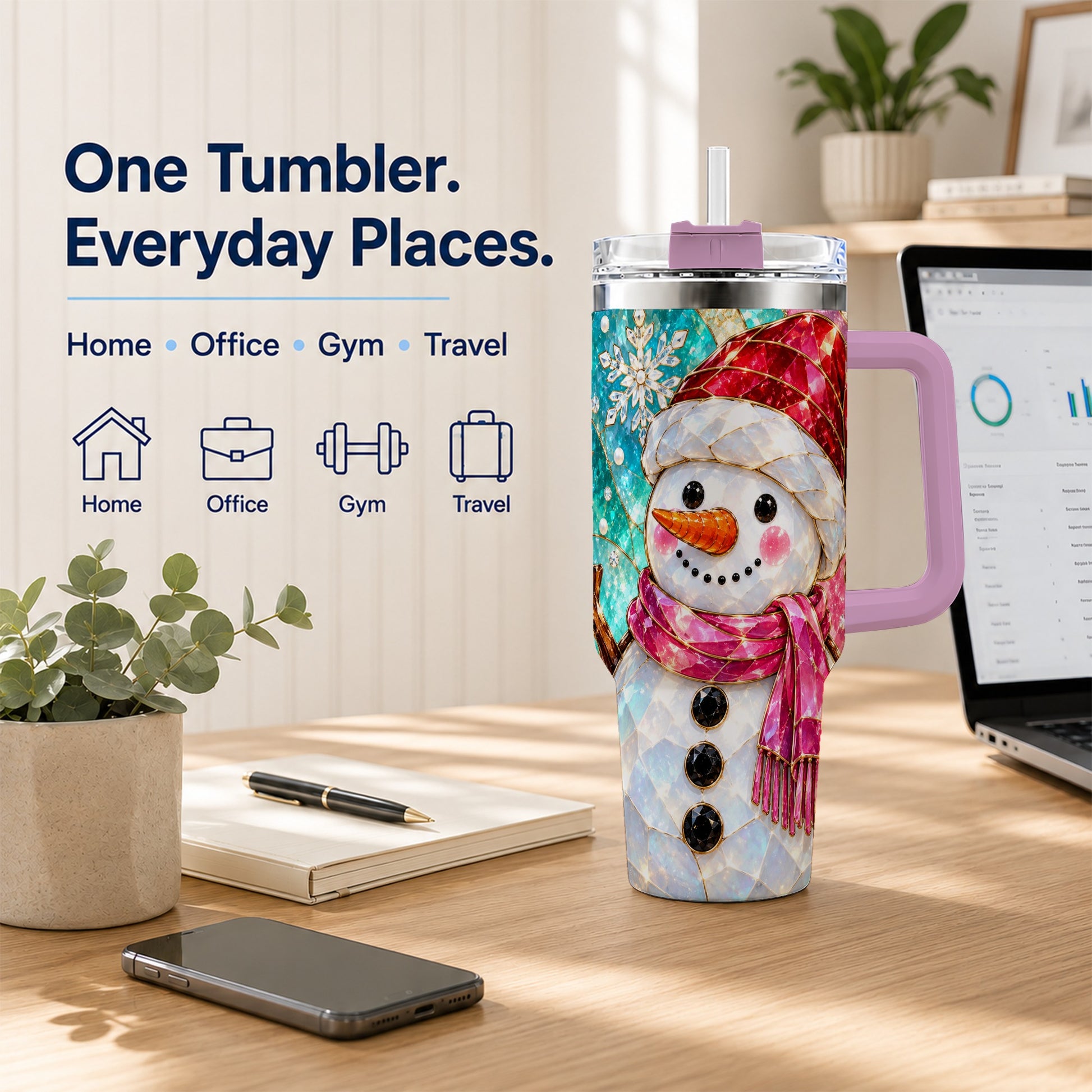 #pl[40oz|Pink] Snowman 40oz Tumbler with Handle, Winter Stained Glass Style Travel Cup
