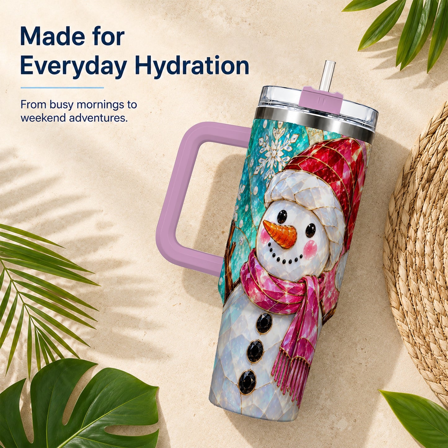 #pl[40oz|Pink] Snowman 40oz Tumbler with Handle, Winter Stained Glass Style Travel Cup