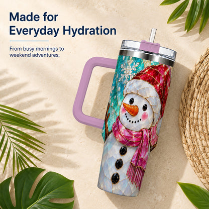 #pl[40oz|Pink] Snowman 40oz Tumbler with Handle, Winter Stained Glass Style Travel Cup